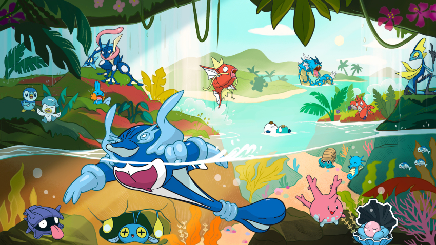 :&lt; animal_focus arm_support blue_sky chinchou clamperl corphish corsola day full_body gen_1_pokemon gen_2_pokemon gen_3_pokemon gen_5_pokemon gen_6_pokemon gen_8_pokemon greninja gyarados highres horsea inteleon looking_at_another looking_at_viewer looking_to_the_side looking_up magikarp mudkip nature nintendo no_humans official_art omanyte open_mouth oshawott outdoors palafin palafin_(hero) pokemon pokemon_(creature) quaxly sharp_teeth shellder sky smile swimming tail teeth underwater water