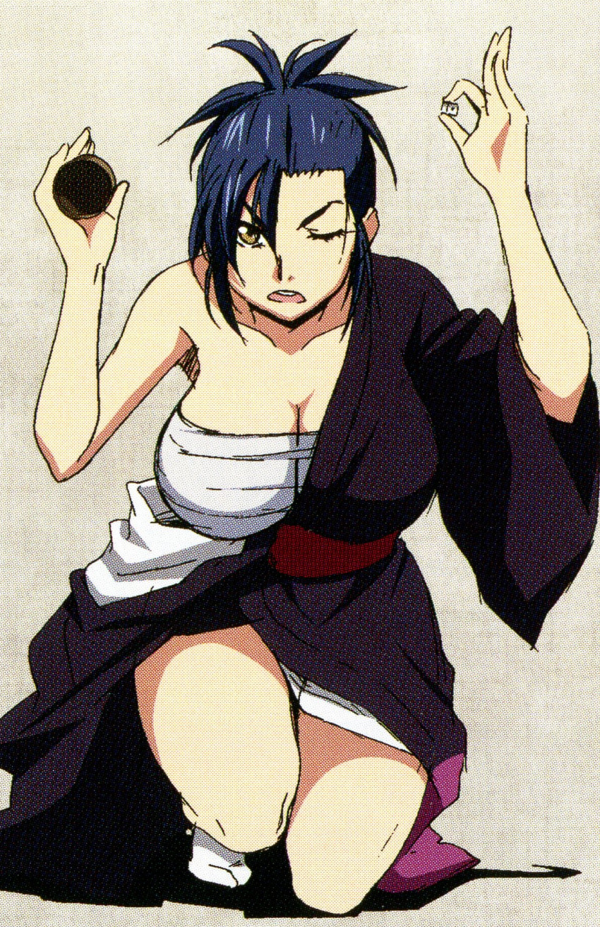 1girl blue_eyes breasts cleavage dice gambling highres japanese_clothes kimono large_breasts legs manyuu_chifusa manyuu_hikenchou official_art one_eye_closed patterned ponytail reference_sheet sarashi scan simple_background solo straight-on takagi_jun thighs