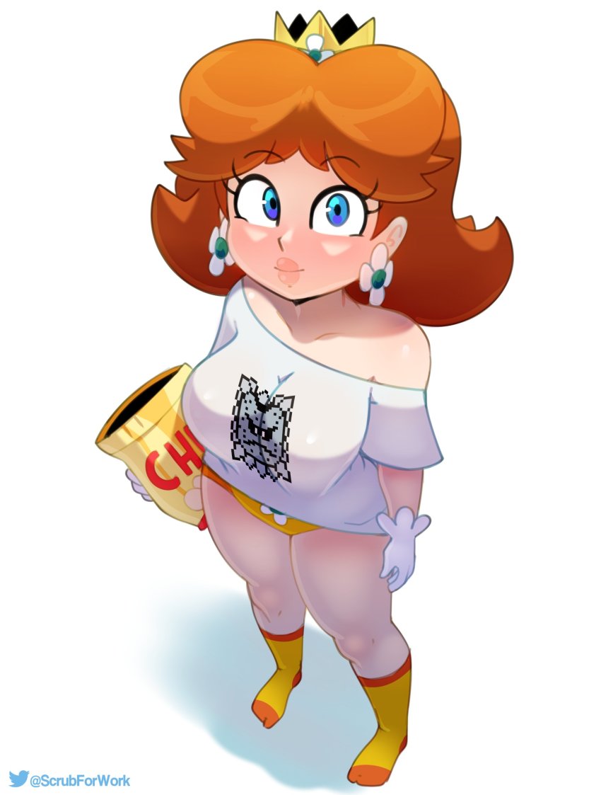1girl absurdres artist_name bag_of_chips blue_eyes breasts chips_(food) closed_mouth collarbone crown earrings eyelashes flipped_hair floral_print flower_earrings food from_above full_body gloves highres holding holding_food jewelry knees large_breasts legs lips looking_at_viewer mario_(series) medium_hair nintendo off-shoulder_shirt off_shoulder orange_footwear orange_hair orange_panties panties pink_lips pixel_art potato_chips princess_daisy print_shirt shadow shirt short_sleeves simple_background smile socks solo somescrub sprite standing super_mario_land super_mario_maker thick_lips thighs thwomp twitter_logo twitter_username two-tone_footwear underwear white_background white_gloves white_shirt yellow_footwear yellow_panties