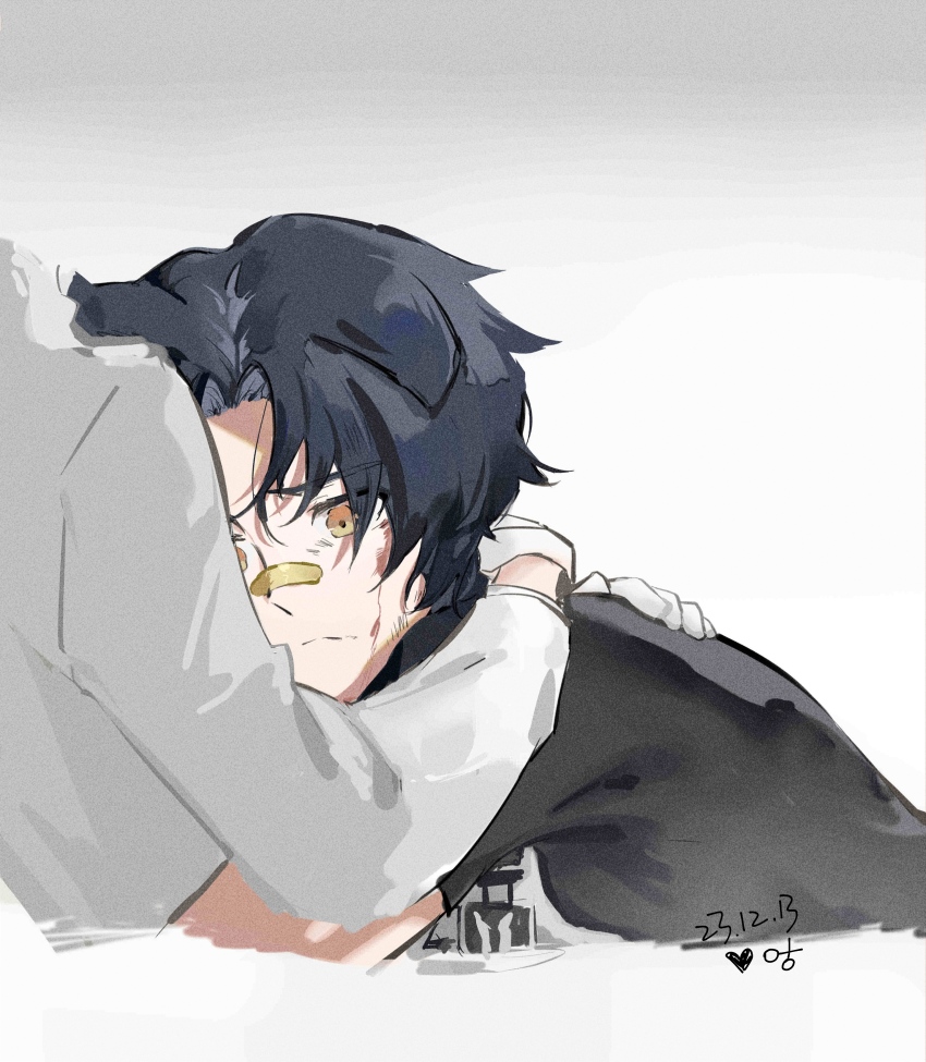 1boy 1other absurdres animal_ears arknights bandaid bandaid_on_face bandaid_on_nose black_hair black_shirt closed_mouth commentary cropped_torso dated dog_boy dog_ears frown gloves highres hug long_sleeves male_focus orange_eyes shirt short_hair short_sleeves simple_background white_background white_gloves white_shirt windflit_(arknights) yuanti_niao