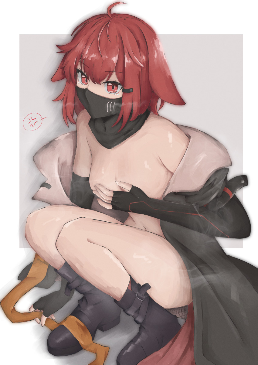 1girl absurdres ahoge anger_vein animal_ears arknights bare_shoulders black_boots black_coat black_gloves boots border breasts cleavage coat commentary_request covered_mouth covering_nipples covering_privates crownslayer_(arknights) elbow_gloves fingerless_gloves full_body gloves grey_background hair_between_eyes hair_ornament hairclip highres knee_boots looking_at_viewer mask medium_breasts mouth_mask ninja_mask no_bra nyo_(fy_1) outside_border partial_commentary red_eyes red_hair shiny_skin short_hair solo spoken_anger_vein squatting tearing_up white_border
