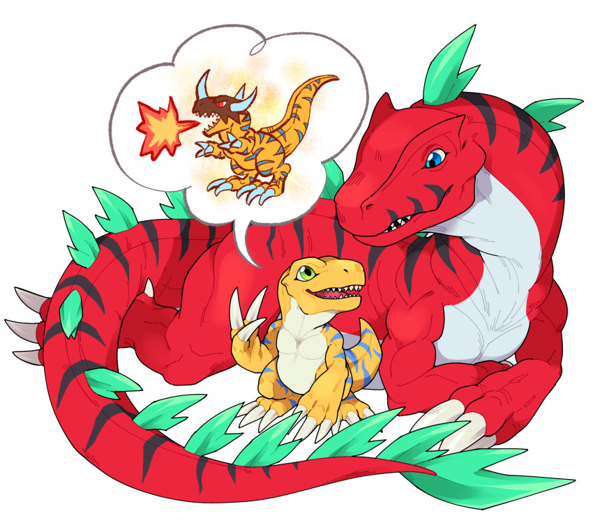 2others agumon agumon_x-antibody digimon digimon_(creature) dinosaur greymon greymon_x-antibody highres imagining looking_at_another multiple_others sharp_teeth tail teeth tyranomon tyranomon_x-antibody