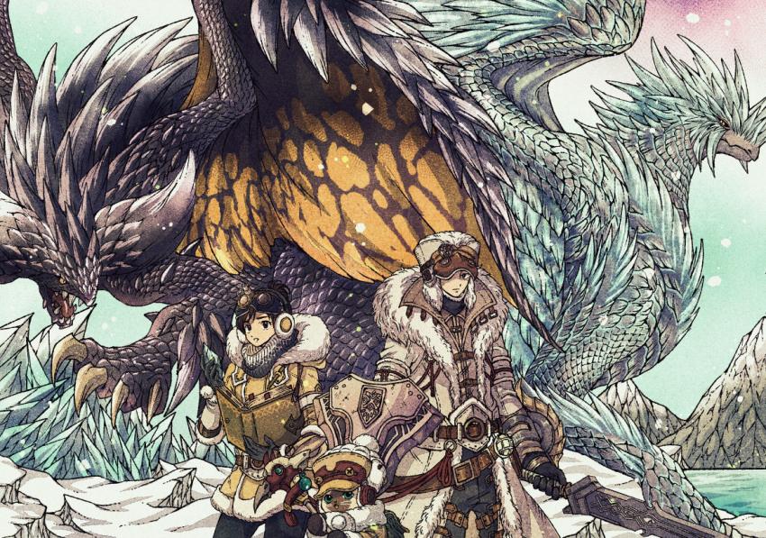 1boy 1girl black_hair book brown_hair coat direwolf_(armor) earmuffs felyne fur_coat fur_hat gloves goggles goggles_on_headwear handler_(monster_hunter_world) hat holding holding_book holding_sword holding_weapon monster_hunter:_world monster_hunter_(character) monster_hunter_(series) monster_hunter_world:_iceborne nergigante sword toriga velkhana weapon winter_clothes