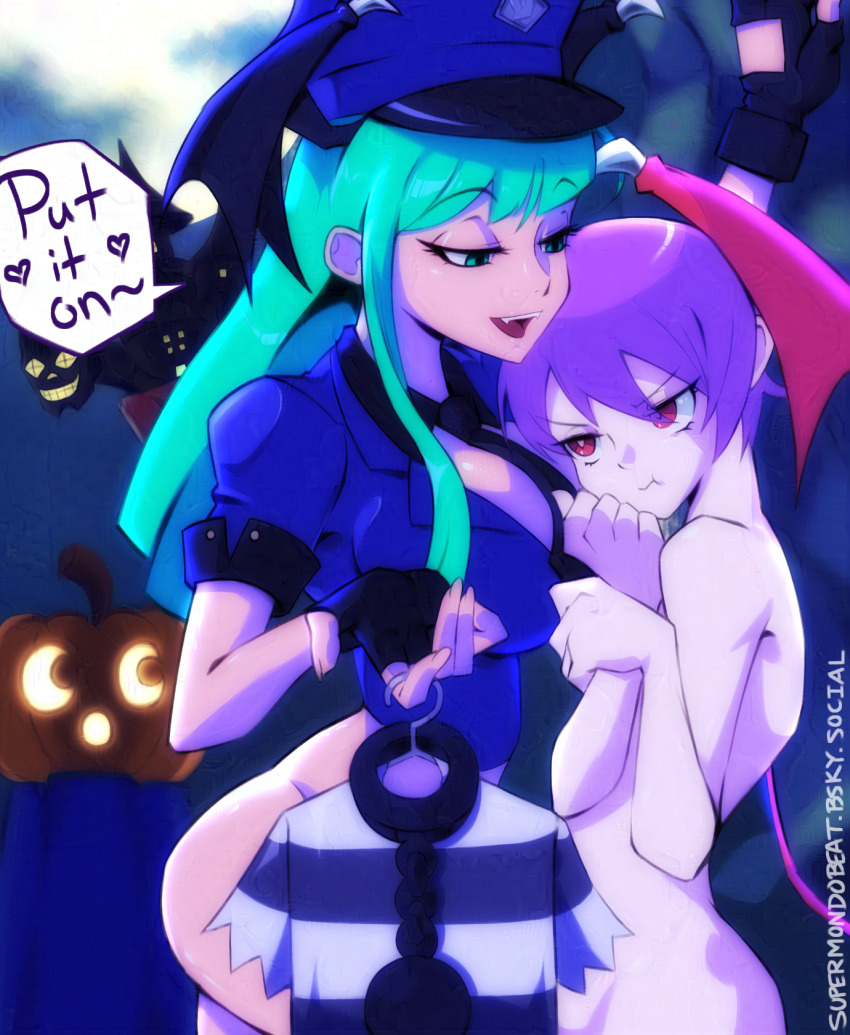 2girls annoyed artist_name bare_shoulders blue_hat blue_jacket bluesky_username bottomless breasts cleavage commentary completely_nude cowboy_shot darkstalkers demon_girl demon_wings english_commentary english_text green_eyes green_hair halloween hat head_wings heart highres jacket large_breasts lilith_(darkstalkers) long_hair morrigan_aensland multiple_girls nude police police_uniform pout prison_clothes purple_eyes purple_hair seductive_smile short_hair smile speech_bubble spoken_heart supermondobeat watermark web_address wings
