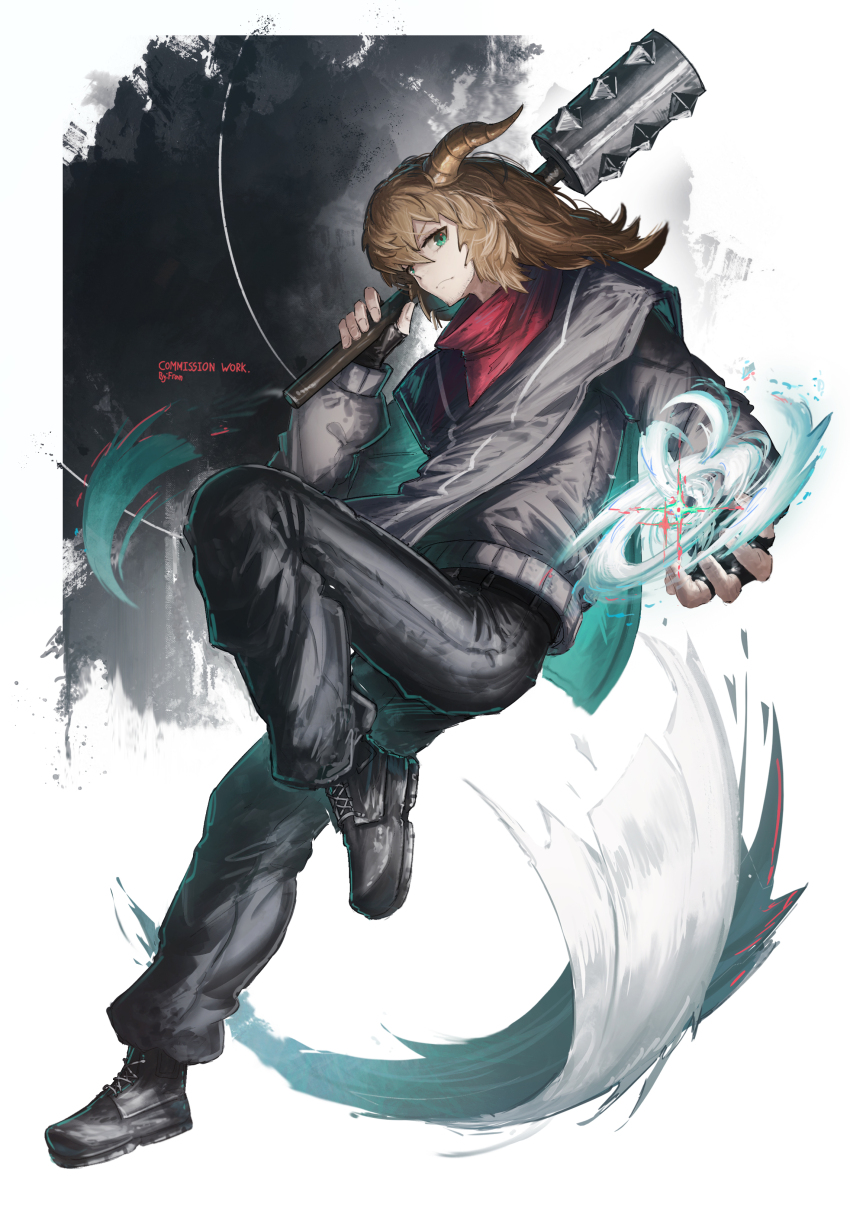 1boy absurdres artist_name black_boots black_jacket black_pants blonde_hair boots brown_horns closed_mouth commentary commission english_commentary franlol full_body green_eyes hair_between_eyes highres holding holding_weapon horns jacket long_hair long_sleeves looking_at_viewer male_focus original pants solo standing standing_on_one_leg weapon