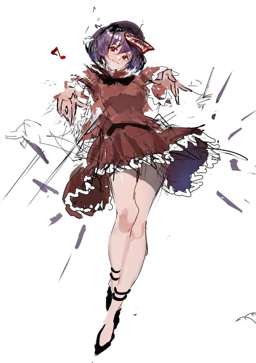 1girl absurdres black_bow black_bowtie black_footwear black_hat blue_hair bow bowtie breasts closed_mouth hands_up hat highres jiangshi long_sleeves medium_breasts miyako_yoshika musical_note ofuda ofuda_on_head outstretched_arms po_(anhk5528) red_eyes red_shirt red_skirt shirt short_hair simple_background skirt smile solo thighs touhou white_background zombie_pose