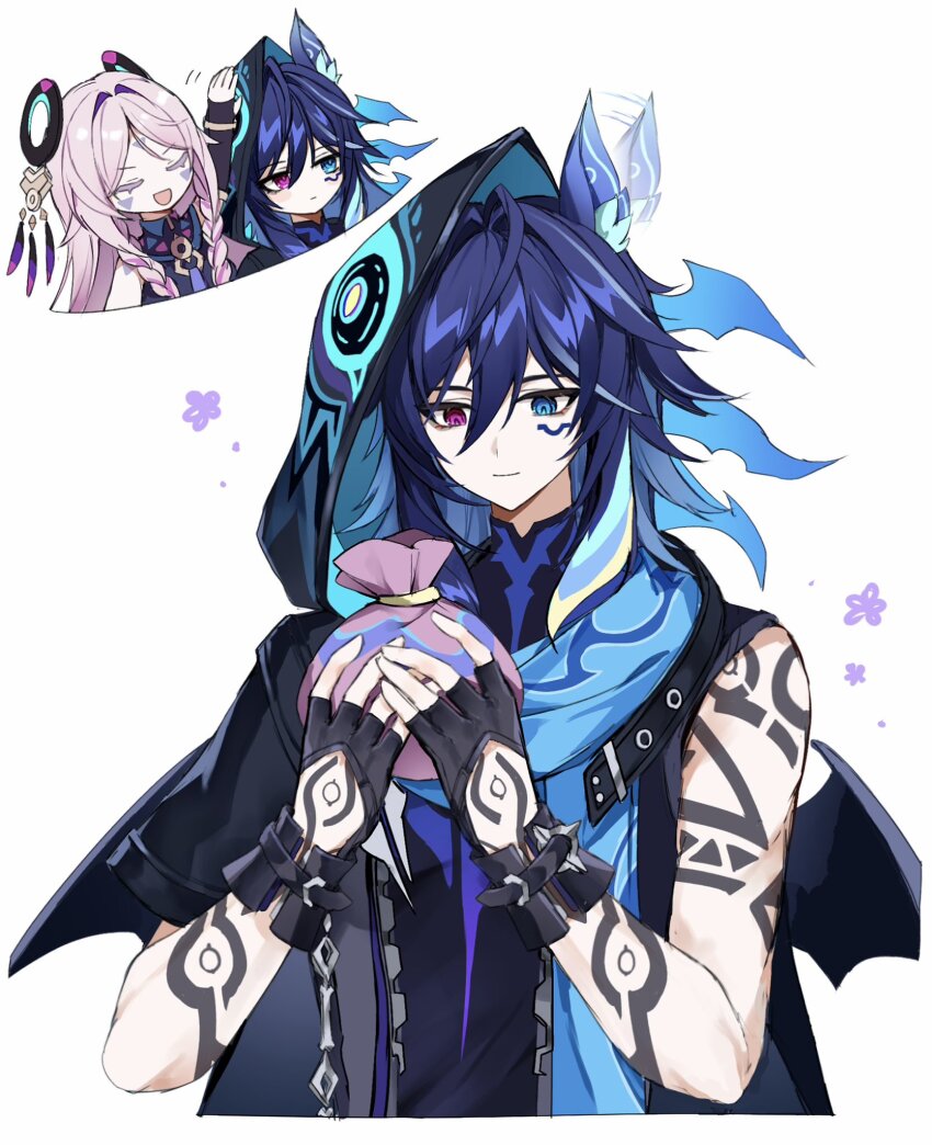1boy 1girl animal_ears aqua_eyes arm_markings asymmetrical_sleeves bare_shoulders bat_ears black_gloves black_hood black_shirt black_sleeves black_undershirt blue_hair bracelet braid citlali_(genshin_impact) closed_eyes closed_mouth colored_eyelashes colored_inner_hair ear_wiggle facial_mark feather_hair_ornament feathers fingerless_gloves floating_headgear genshin_impact glove_cutout gloves grandmother_and_grandson grey_jacket hair_between_eyes hair_intakes hair_ornament hair_rings highres jacket jewelry light_blue_hair long_hair looking_at_object looking_down looking_to_the_side multicolored_hair multiple_views nirako_mona open_clothes open_jacket open_mouth ororon_(genshin_impact) pink_hair purple_hair red_eyes shirt single_sleeve smile streaked_hair triangle triangle_facial_mark twin_braids white_background