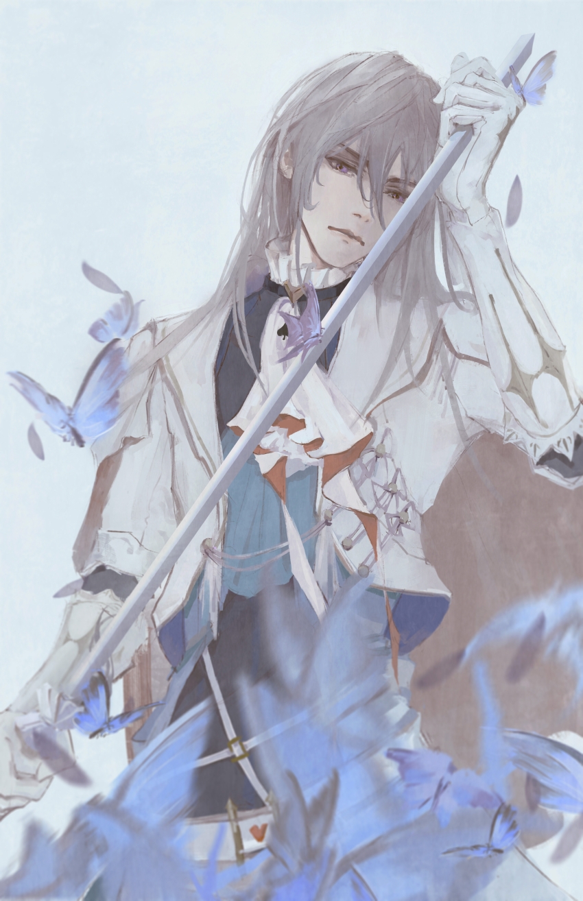 1boy absurdres ascot belt black_shirt black_sleeves blue_butterfly bug butterfly cael_anselm cael_anselm_(godheim) closed_mouth collar cropped_jacket elbow_gloves frilled_collar frills gloves grey_hair hair_between_eyes head_tilt highres holding holding_sword holding_weapon insect jacket layered_sleeves long_hair looking_at_viewer lovebrush_chronicles male_focus meniete purple_eyes shirt sidelocks solo sword upper_body weapon white_ascot white_background white_belt white_gloves white_jacket white_sleeves