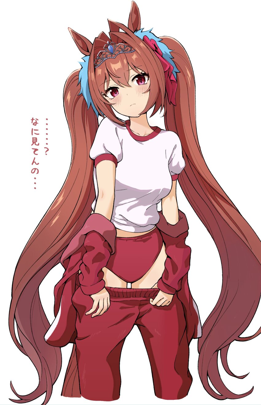 1girl absurdres alternate_costume animal_ears breasts buruma closed_mouth collarbone commentary_request daiwa_scarlet_(umamusume) hair_between_eyes hair_ornament highres horse_ears horse_girl horse_tail looking_at_viewer medium_breasts oxymoron_0213 red_eyes tail tiara translation_request twintails umamusume undressing white_background