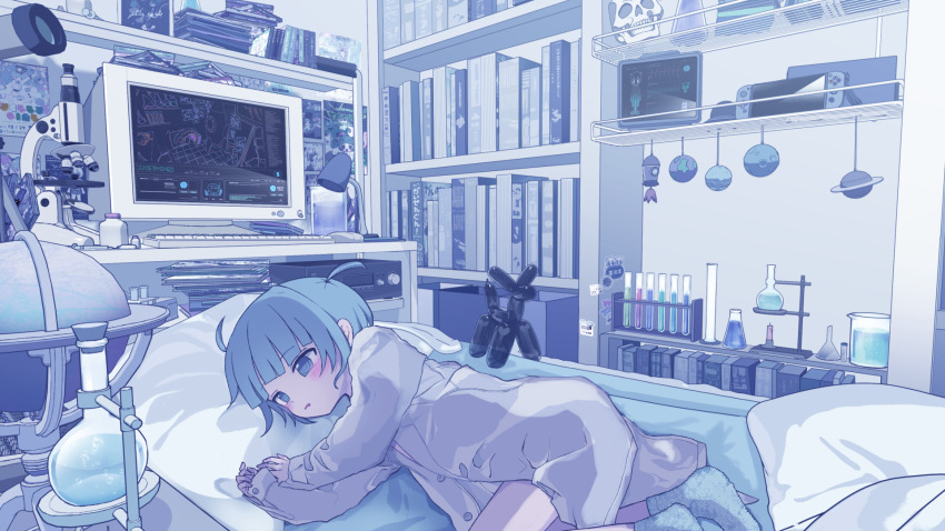 1girl balloon_animal beaker blue_eyes blue_hair blue_socks blue_theme blush book bookshelf bottle candle cardiogram commentary commentary_request computer_keyboard computer_mouse desk_lamp desktop_(computing) english_commentary erlenmeyer_flask flask funnel_(tool) measuring_cylinder highres indoors lab_coat lamp loaded_interior lying microscope monitor nintendo_switch on_bed on_side original planet rocket round-bottom_flask socks solo sticker telescope test_tube virtual_youtuber wotoha wotoha_(character)