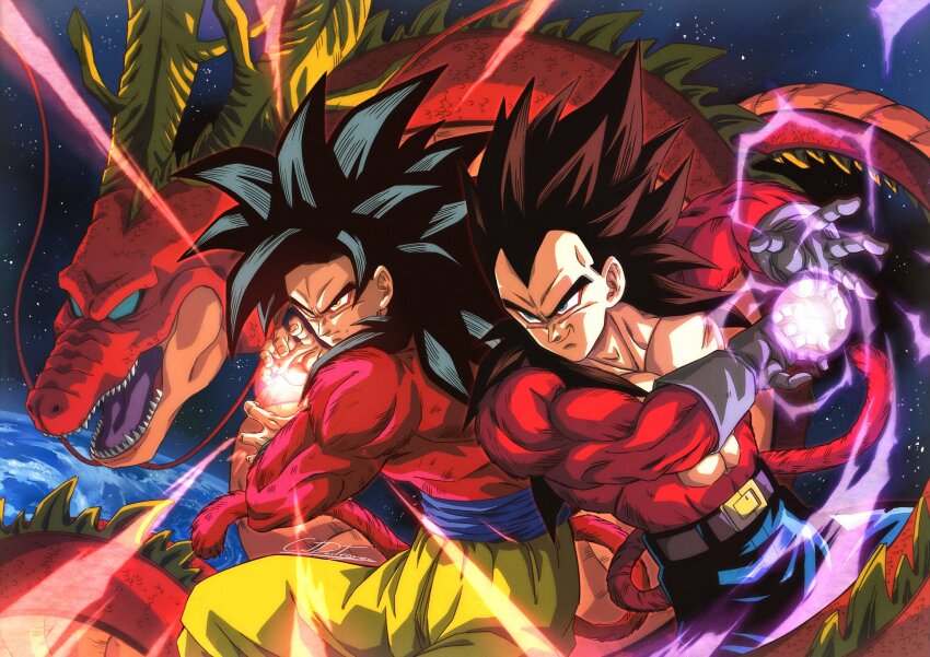 2boys biceps black_hair blue_sash body_fur catdestroyer dougi dragon_ball dragon_ball_gt energy_ball galick_gun green_eyes highres incoming_attack kamehameha_(dragon_ball) long_hair male_focus monkey_boy monkey_tail multiple_boys muscular muscular_male no_nipples open_mouth pants pectorals powering_up red_fur saiyan sash smile smirk son_goku spiked_hair super_saiyan super_saiyan_4 tail teeth ultimate_shenron vegeta wristband yellow_pants