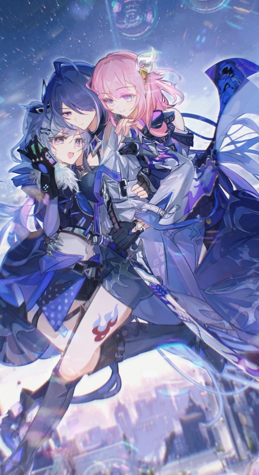 3girls absurdres acheron_(honkai:_star_rail) ahoge black_boots black_gloves black_shorts blue_eyes boots breasts building chinese_commentary cityscape coat commentary_request crop_top cyrene_(honkai:_star_rail) drill_hair fur-trimmed_jacket fur_trim gloves grey_eyes grey_hair hand_on_another&#039;s_shoulder highres holding holding_game_cartridge holding_sword holding_weapon honkai:_star_rail honkai_(series) jacket leg_tattoo long_hair medium_hair midair midriff multiple_girls navel open_mouth outdoors pink_hair purple_coat purple_eyes qieazhibingjiling rain shorts silver_wolf_(honkai:_star_rail) skyscraper smile sword tattoo very_long_hair weapon