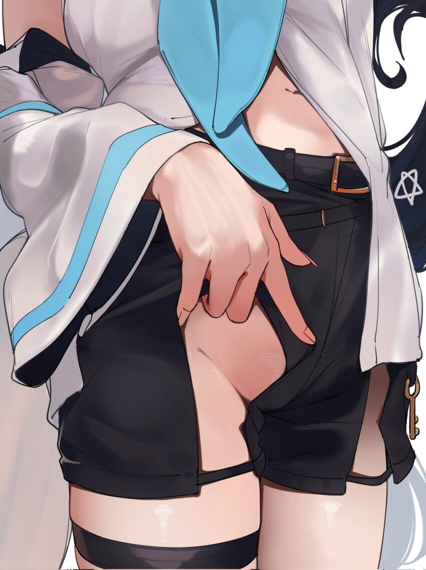 1girl black_shorts blue_neckerchief clothes_pull female_pubic_hair fox_girl fox_tail highres hololive mr_thecatman navel neckerchief no_panties pubic_hair shirakami_fubuki shirakami_fubuki_(1st_costume) shorts shorts_pull solo tail thigh_strap vest virtual_youtuber white_vest