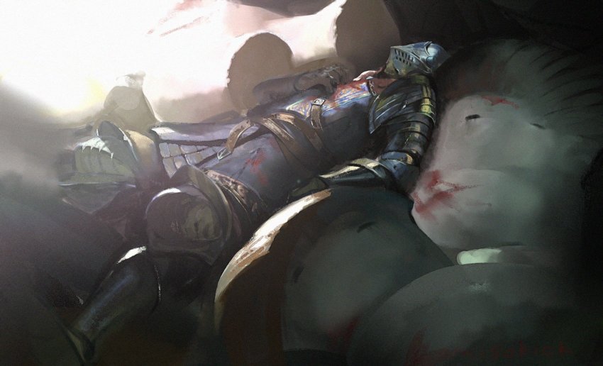 1other armor blood blood_on_clothes chosen_undead dark_souls_(series) dark_souls_i full_armor gauntlets gloves greaves helmet highres knight lying lying_on_another miso_katsu monster mushroom_parent on_back pauldrons shoulder_armor single_gauntlet surcoat