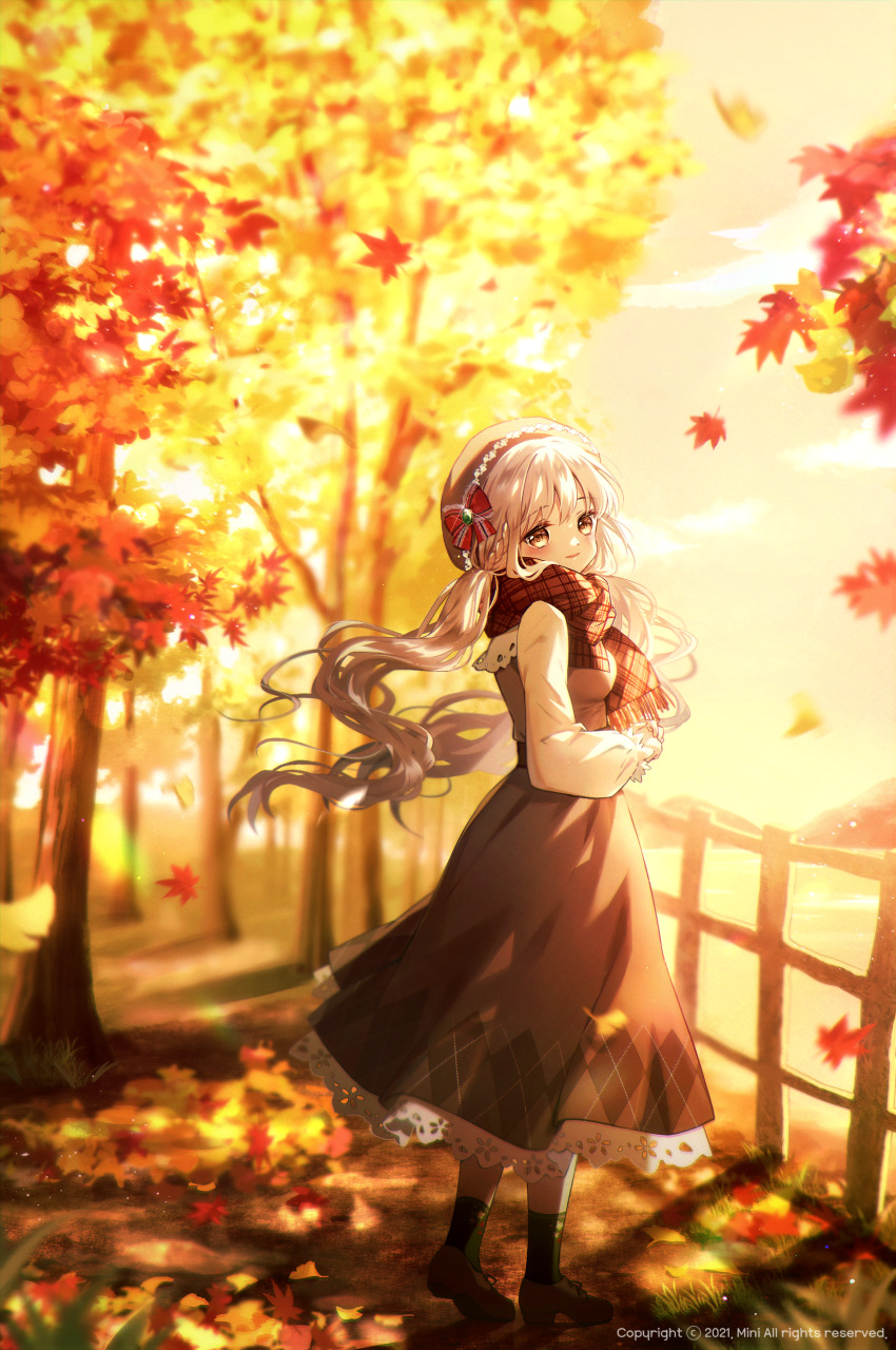 1girl absurdres autumn autumn_leaves beret black_socks blurry blurry_background blush bow breasts brown_dress brown_eyes brown_hat brown_scarf brown_shoes closed_mouth commentary commission danby_merong day depth_of_field dress fence fringe_trim hat hat_bow highres leaf long_hair long_sleeves looking_at_viewer looking_to_the_side low_twintails maple_leaf medium_breasts original outdoors own_hands_together puffy_long_sleeves puffy_sleeves red_bow scarf shirt shoes sleeves_past_wrists smile socks solo striped_bow symbol-only_commentary tree twintails very_long_hair watermark white_hair white_shirt