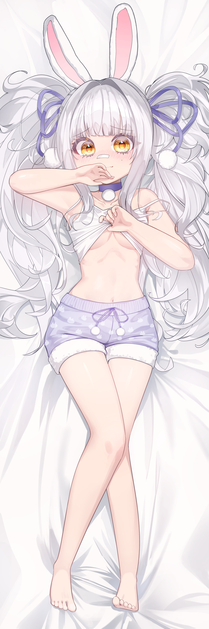 1girl absurdres animal_ears animal_print bandaid bandaid_on_face bandaid_on_nose barefoot blush breasts character_request choker closed_mouth clothes_lift collarbone copyright_request dakimakura_(medium) eyelashes grey_hair hair_ornament hair_ribbon highres ilsae incredibly_absurdres long_hair mole mole_on_cheek pom_pom_(clothes) pom_pom_hair_ornament purple_choker purple_ribbon purple_shorts rabbit_ears rabbit_girl rabbit_print ribbon shirt_lift shorts small_breasts strap_slip tank_top thighs virtual_youtuber white_tank_top yellow_eyes