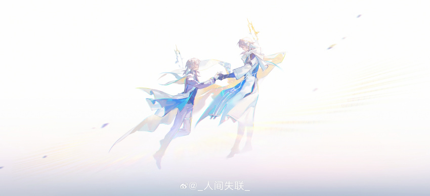 2boys absurdres black_footwear blue_capelet blue_jacket capelet coattails dress_pants face-to-face faceless faceless_male floating_clothes formal_clothes from_side full_body grey_hair halo halo_behind_head highres holding_hands honkai:_star_rail honkai_(series) jacket light_particles male_focus multiple_boys pants purple_jacket purple_pants purple_suit renjian_shilian robe scarf shoes short_hair_with_long_locks suit sunday_(honkai:_star_rail) time_paradox two-sided_fabric two-sided_jacket two-tone_capelet watermark weibo_watermark white_background white_robe white_scarf yellow_capelet