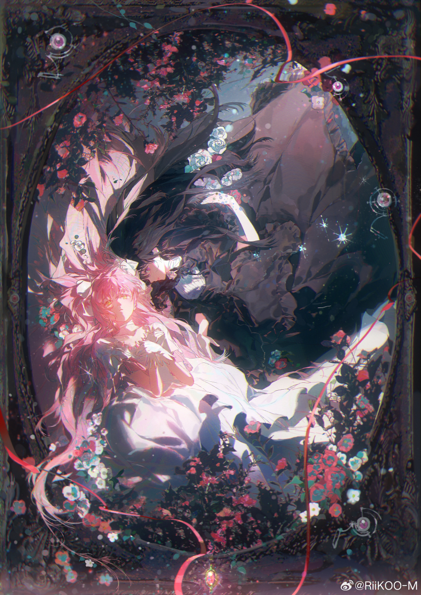 2girls absurdly_long_hair absurdres akemi_homura akemi_homura_(black_dress) black_capelet black_dress black_hair black_ribbon border bow bush capelet chest_jewel chinese_commentary choker collarbone collared_shirt colored_eyelashes commentary_request dress expressionless feet_out_of_frame floating_clothes floating_hair flower frilled_capelet frilled_dress frilled_sleeves frills gem gloves gown hair_bow hand_in_pocket highres kaname_madoka light_particles long_dress long_hair looking_at_viewer lying mahou_shoujo_madoka_magica mahou_shoujo_madoka_magica:_hangyaku_no_monogatari multiple_girls neck_ribbon official_alternate_costume on_back on_side pansy parted_lips picture_frame pink_flower pink_gemstone pink_hair purple_eyes red_ribbon ribbon riko-m round_border shirt shirt_under_dress short_sleeves sparkle two_side_up ultimate_madoka very_long_hair watermark weibo_watermark white_bow white_choker white_dress white_flower white_gloves white_shirt yellow_eyes