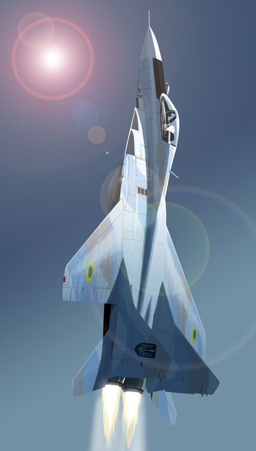 1other absurdres aircraft airplane ambiguous_gender blue_sky fighter_jet fire flying helmet highres matsuda_juukou midair mig-29 military military_vehicle original pilot sky solo sun sunlight ukraine vehicle_focus