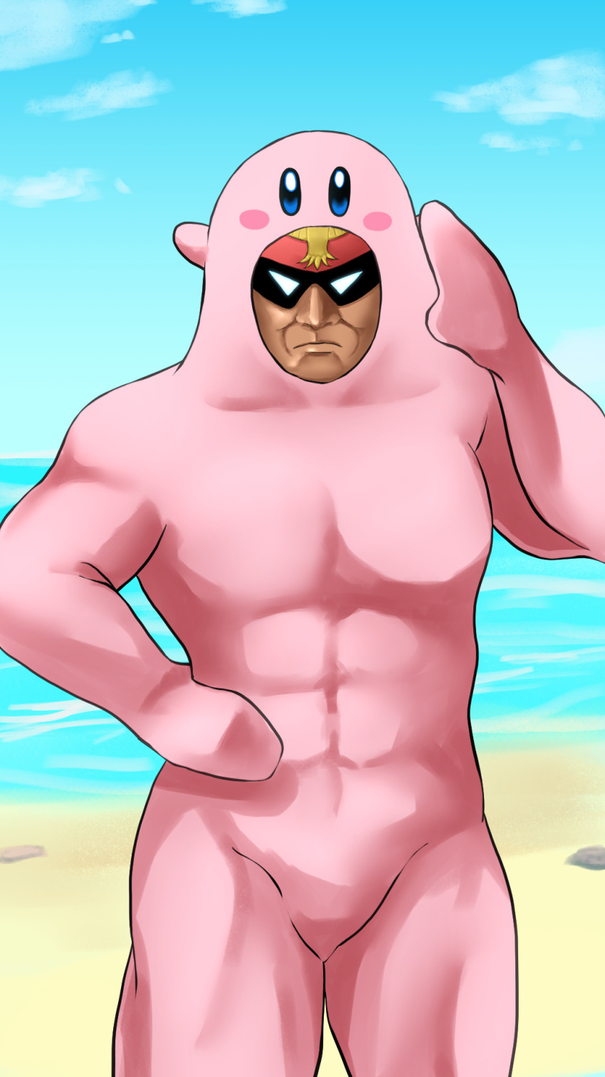 1boy 1other beach captain_falcon cowboy_shot highres kirby kirby_(series) looking_at_viewer mouthful_mode mp893 muscular nintendo ocean salute super_smash_bros. what