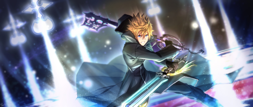 1boy absurdres black_coat black_coat_(kingdom_hearts) black_gloves black_pants blonde_hair blue_eyes coat commentary_request dual_wielding gloves glowing gogo_(detteiu_de) highres holding holding_weapon hood hood_down hooded_coat keyblade kingdom_hearts kingdom_hearts_ii long_sleeves oathkeeper oblivion_(keyblade) pants roxas short_hair solo spiked_hair v-shaped_eyebrows weapon