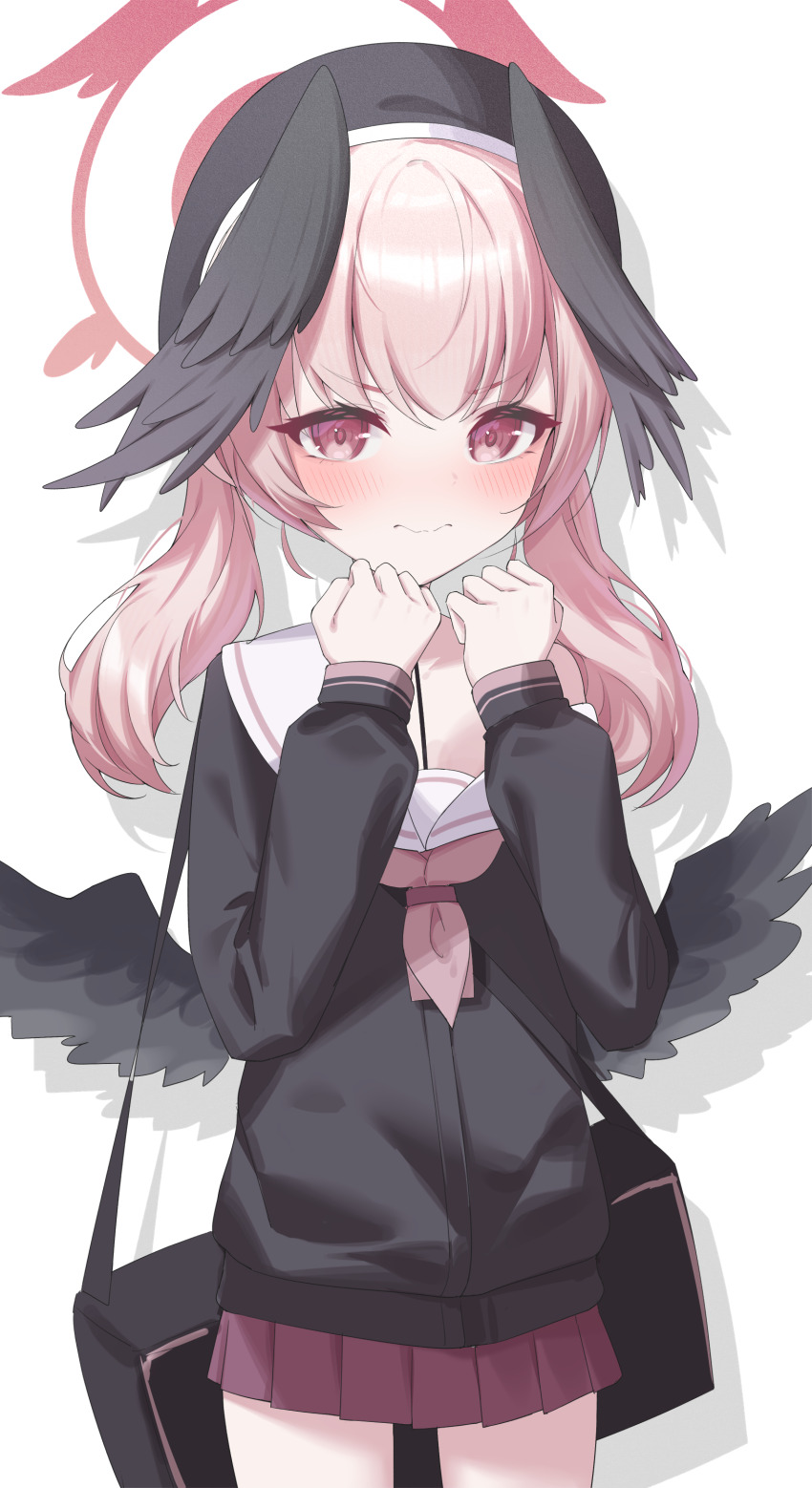 1girl absurdres bag black_serafuku black_wings blue_archive cowboy_shot feathered_wings hair_between_eyes halo hat head_wings highres jei_(user_tckk7448) koharu_(blue_archive) long_hair long_sleeves looking_at_viewer neckerchief pink_eyes pink_hair pink_neckerchief pink_skirt pleated_skirt sailor_collar school_bag school_hat school_uniform serafuku shoulder_bag sidelocks simple_background skirt solo twintails white_background white_sailor_collar wings