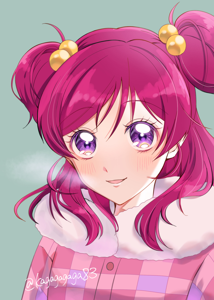 1girl absurdres blush coat fur-trimmed_coat fur_trim hair_bobbles hair_ornament highres kagagagaga83 medium_hair open_mouth pink_coat pink_eyes pink_hair precure solo twitter_username two_side_up upper_body yes!_precure_5 yumehara_nozomi