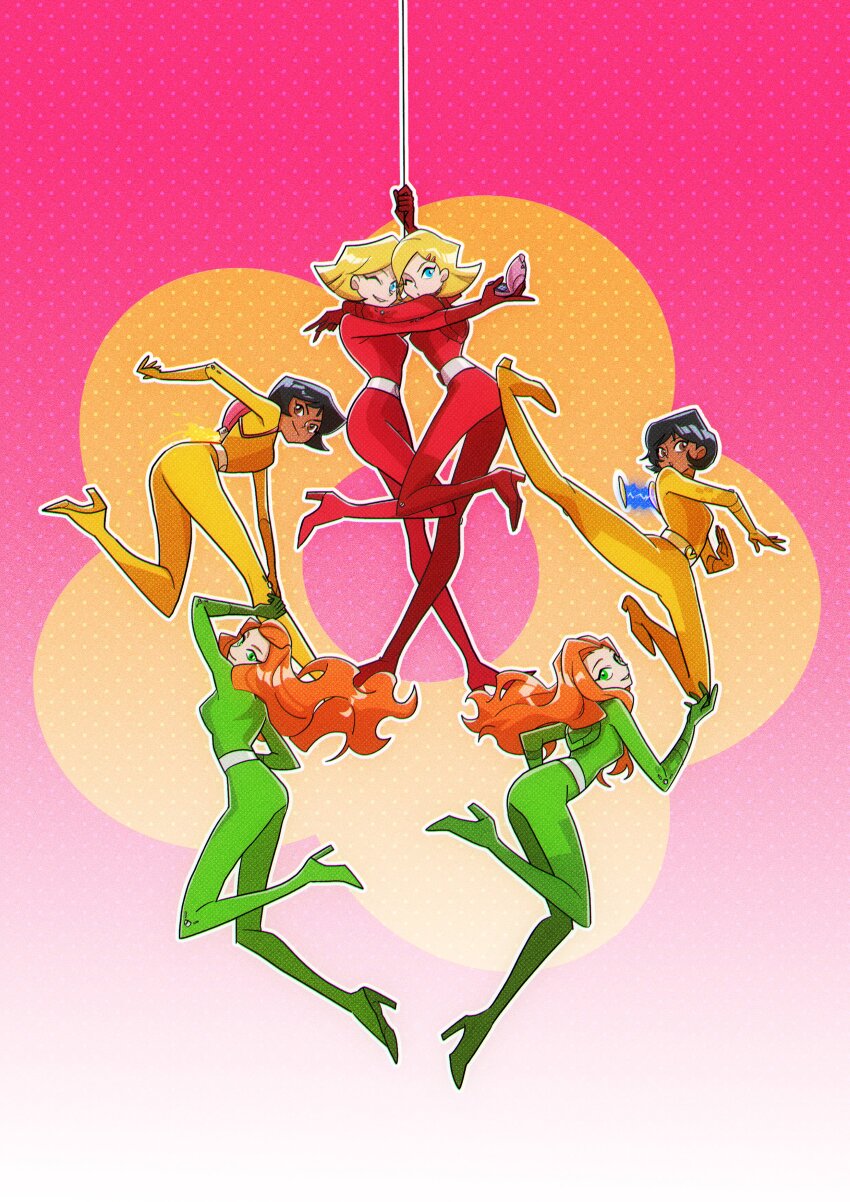 3girls absurdres alex_(totally_spies) black_hair blonde_hair blue_eyes bodysuit clover_(totally_spies) commentary compowder english_commentary full_body gradient_background green_bodysuit green_eyes hair_slicked_back high_heels highres hug leg_up long_hair looking_at_viewer multiple_girls one_eye_closed orange_hair pink_background red_bodysuit sam_(totally_spies) short_hair totally_spies whoop_catsuit yellow_bodysuit yuzikoz_mega
