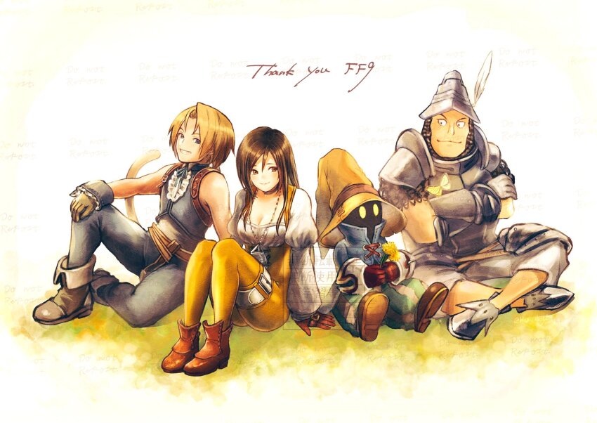 1girl 3boys adelbert_steiner arm_support armor black_hair blonde_hair bodysuit boots breasts brown_eyes choker cleavage closed_mouth crossed_arms final_fantasy final_fantasy_ix full_body garnet_til_alexandros_xvii gloves hat highres indian_style jewelry knees_up komugiko_no_mori long_hair monkey_tail multiple_boys necklace orange_bodysuit sitting smile sword tail vivi_ornitier weapon wizard_hat zidane_tribal