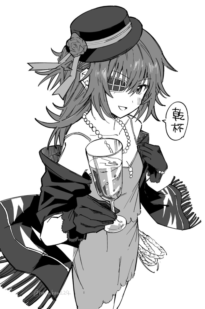 1girl alternate_costume bead_necklace beads blush breasts commentary_request cup dress eyepatch flower gloves greyscale hair_between_eyes hat hat_flower highres holding holding_cup jewelry kantai_collection kiso_(kancolle) long_hair looking_at_viewer monochrome narukan necklace open_mouth shawl simple_background sleeveless sleeveless_dress small_breasts solo translation_request
