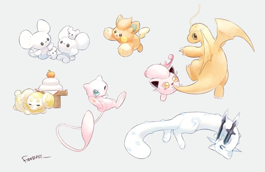 animal_focus artist_name black_eyes blue_eyes brown_eyes chien-pao claws closed_eyes colored_skin dog dragon dragon_wings dragonite fangs fidough fireblast food fruit gen_1_pokemon highres ice legendary_pokemon mandarin_orange maushold maushold_(family_of_four) mew_(pokemon) mouse_(animal) mythical_pokemon nintendo no_humans one_eye_closed open_mouth orange_skin pawmi pawpads pink_skin pokemon pokemon_(creature) scream_tail simple_background snow_leopard tail twitter_username whiskers white_background white_fur white_skin wings yellow_eyes
