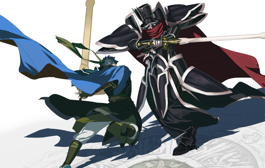 2boys alondite armor black_knight_(fire_emblem) blue_hair cape commentary_request ere_(2516325) fire_emblem fire_emblem:_path_of_radiance full_armor headband highres holding holding_sword holding_weapon ike_(fire_emblem) male_focus multiple_boys nintendo ragnell short_hair sword weapon
