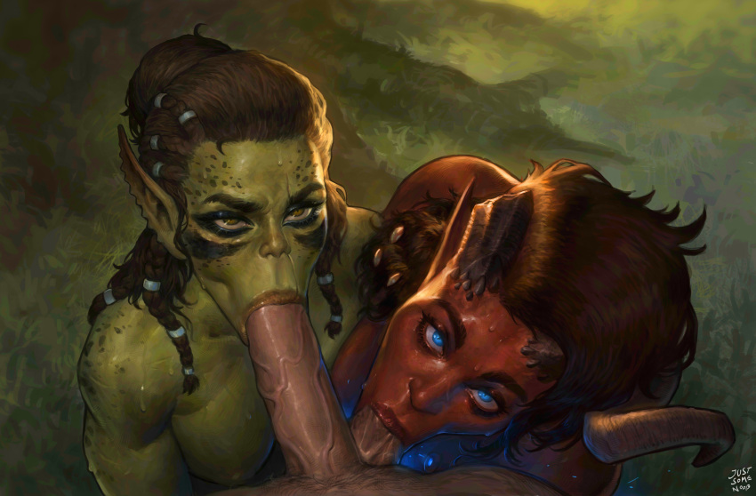 1boy 2girls :&gt;= absurdres artist_name baldur&#039;s_gate baldur&#039;s_gate_3 blue_eyes breasts broken_horn brown_eyes brown_hair colored_skin cooperative_fellatio curled_horns demon_girl dungeons_&amp;_dragons dungeons_&amp;_dragons fellatio ffm_threesome gith_(d&amp;d) grass green_skin group_sex hetero highres horns justsomenoob karlach lae&#039;zel large_penis looking_at_viewer multiple_girls narrowed_eyes oral outdoors penis pointy_ears pov red_skin single_horn teamwork_(sexual) testicle_sucking testicles threesome tiefling