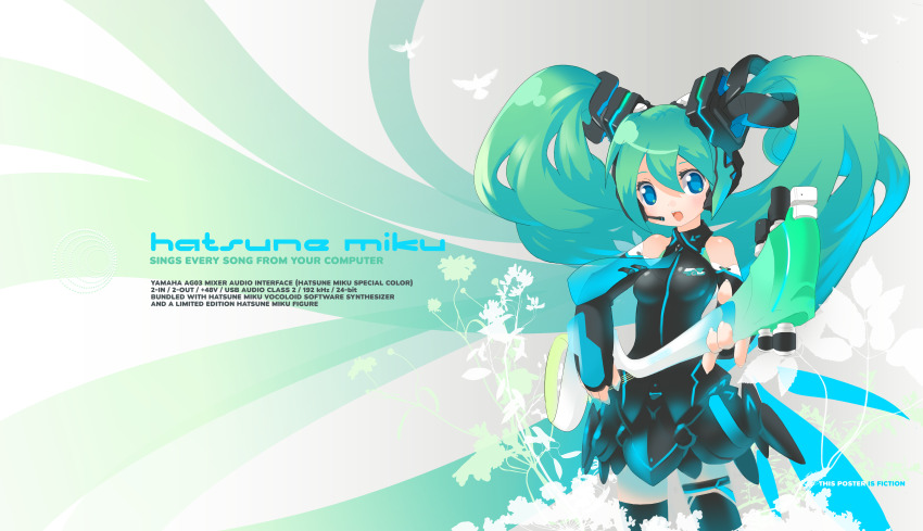 1girl 2009 absurdres aqua_hair bass_guitar blue_eyes detached_sleeves green_hair hatsune_miku highres instrument long_hair looking_at_viewer necktie photoshop_(medium) skirt smile solo themed_object thighhighs twintails tyson_tan very_long_hair vocaloid zettai_ryouiki