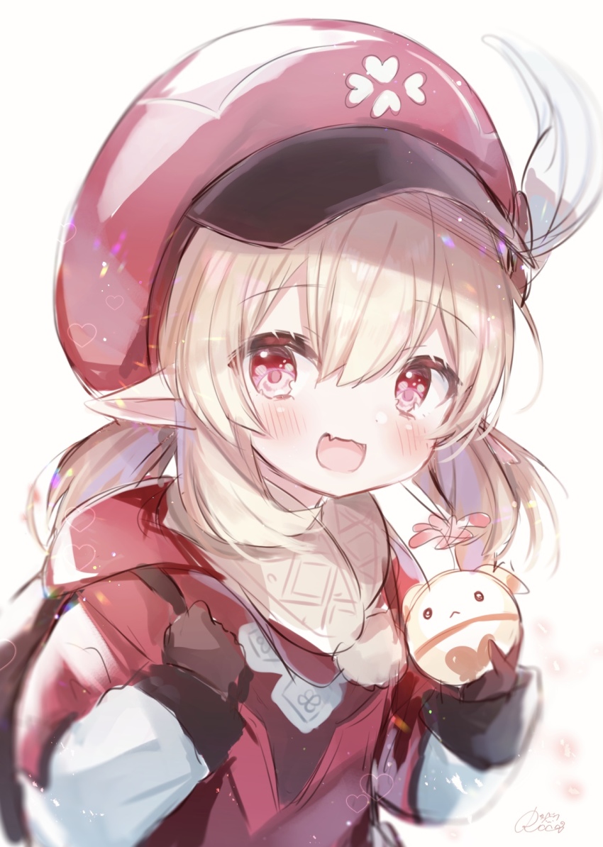 1girl :d backpack bag blonde_hair blush brown_gloves cabbit child commentary_request dress fang feathers genshin_impact gloves hair_between_eyes hands_up hat_feather highres holding holding_strap klee_(genshin_impact) long_hair looking_at_viewer low_twintails open_mouth pointy_ears red_dress red_eyes red_headwear rucaco signature simple_background smile solo twintails upper_body white_background white_feathers