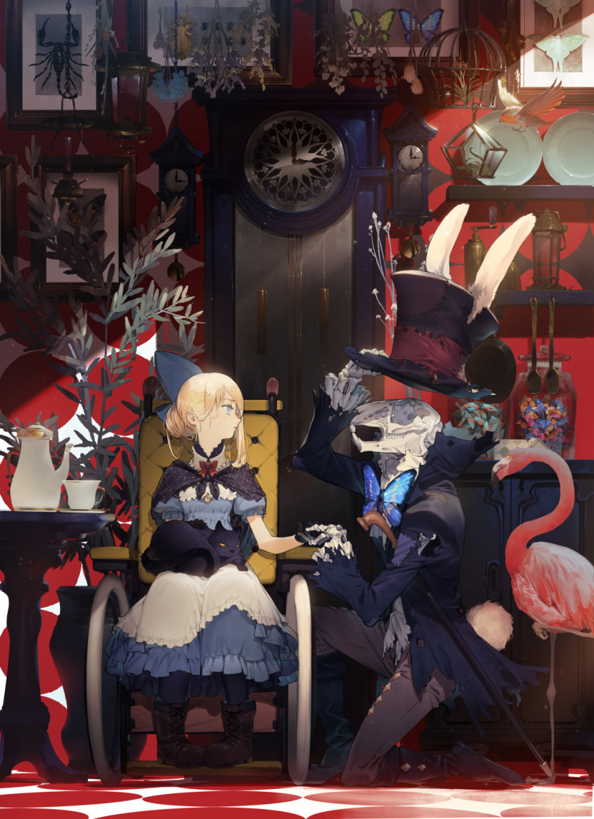 1girl alice_(alice_in_wonderland) alice_in_wonderland animal_hat animal_skull apron bird birdcage black_cat black_coat black_footwear black_gloves blonde_hair blue_bow blue_butterfly blue_dress blue_eyes boots bow brown_footwear bug butterfly butterfly_bowtie cage cane cat clock closed_mouth coat cup dress gloves grandfather_clock grey_pants hair_bow hand_up hat hat_tip highres holding_hands insect insect_collection on_one_knee pants pigeon-toed plant plate potted_plant profile puffy_short_sleeves puffy_sleeves ryota-h scorpion shelf shoes short_sleeves sitting skeleton teacup teapot top_hat torn_clothes torn_coat wall_clock wheelchair white_apron white_rabbit_(alice_in_wonderland)
