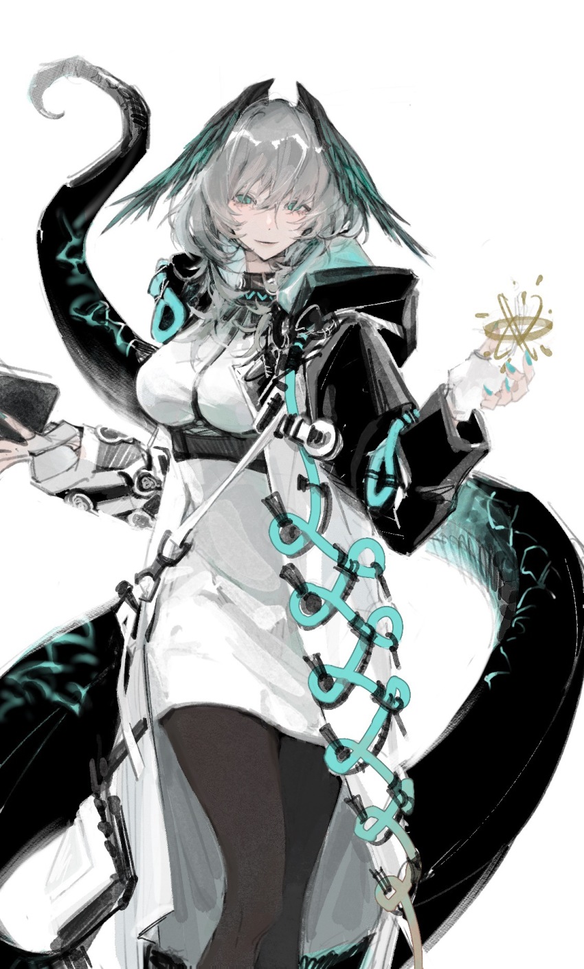 1girl aqua_eyes aqua_nails arknights black_pantyhose book breasts closed_mouth coat dress feathered_wings fingerless_gloves gloves grey_hair head_tilt head_wings highres ho&#039;olheyak_(arknights) holding holding_book hood hood_down kinno0515 large_breasts light_smile long_sleeves looking_at_viewer open_book open_clothes open_coat pantyhose powering_up short_hair simple_background snake_girl snake_tail solo standing tail wavy_hair white_background white_dress white_gloves wings