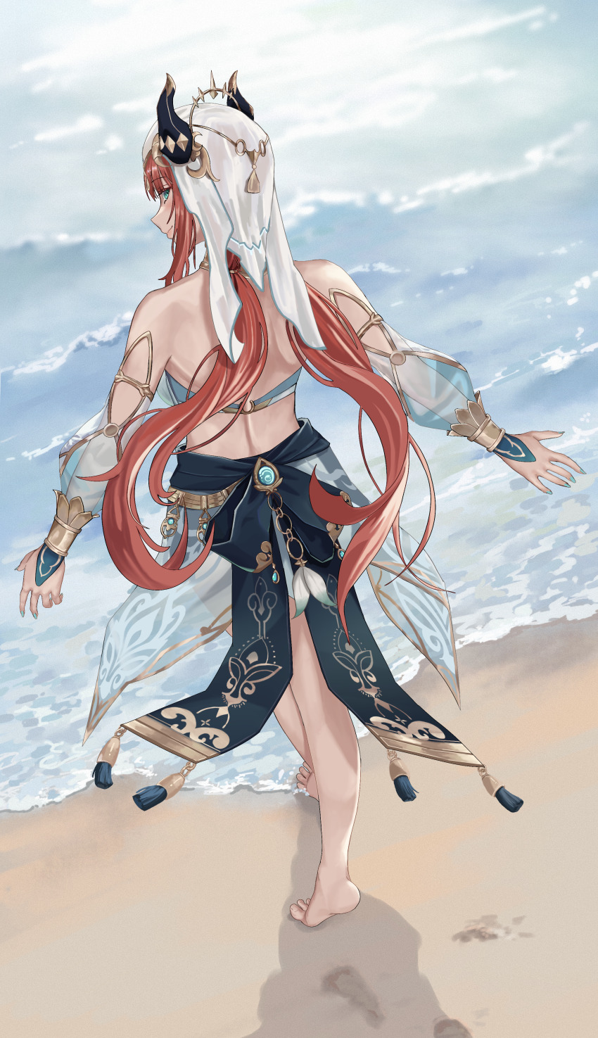1girl absurdres aqua_eyes aqua_nails arabian_clothes armlet armpits arms_at_sides back backboob bare_shoulders barefoot beach belly_chain belly_dancer bracelet breasts danny_marx day eyelashes fake_horns feet female_focus fingernails footprints from_behind full_body genshin_impact half-closed_eyes headdress heel_up highres horns huge_filesize jewelry legs lips long_hair looking_at_viewer looking_back lots_of_jewelry low_twintails medium_breasts midriff mihoyo neck nilou_(genshin_impact) ocean orange_hair outdoors parted_bangs profile sandals seductive_smile shoulder_blades sidelocks smile soles standing thighs toenails turning_head twintails unworn_sandals veil vision_(genshin_impact)