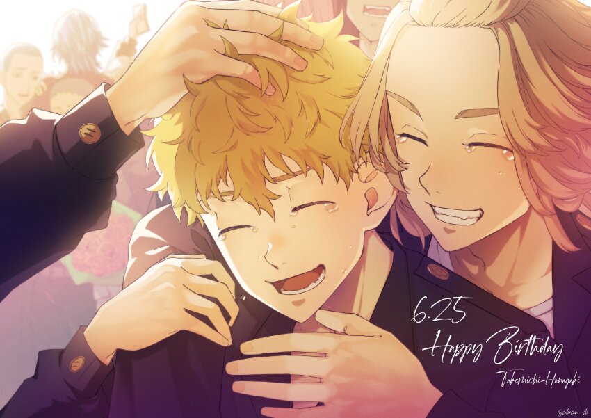 1other 5boys ^_^ absurdres arm_around_shoulder baji_keisuke black_jacket blonde_hair character_name closed_eyes dated grin hanagaki_takemichi hand_on_another&#039;s_head happy_birthday highres jacket male_focus multiple_boys open_mouth sabo_(sabosan_sb) sano_manjirou shiba_hakkai shiba_taiju shirt short_hair smile tearing_up teeth tokyo_revengers upper_body white_shirt