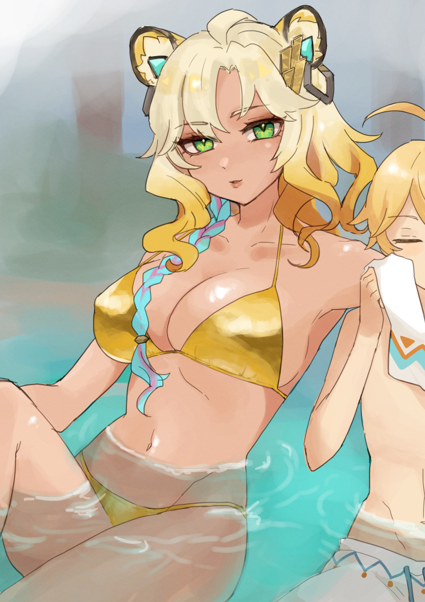 1boy 1girl absurdres aether_(genshin_impact) ahoge animal_ears armpits bikini blonde_hair blue_eyes braid breasts cleavage closed_eyes collarbone covered_erect_nipples cowboy_shot ear_piercing earrings eyebrows_hidden_by_hair eyes_visible_through_hair genshin_impact gold_bikini golden_week green_eyes highres holding holding_towel in_water jaguar_ears jaguar_girl jewelry large_breasts lipstick makeup male_swimwear multicolored_hair navel ohkrkr_z onsen open_mouth piercing pink_lips single_braid sitting smile streaked_hair swim_trunks swimsuit towel xilonen_(genshin_impact)
