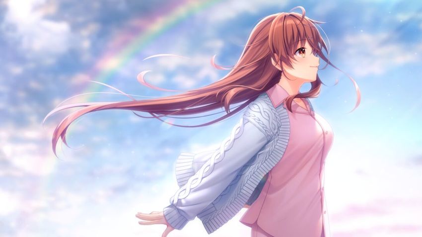 1girl ahoge alpha_(yukai_na_nakamatachi) ayase_aisa breasts brown_hair cardigan closed_mouth cloud day dress_shirt floating_hair from_side game_cg hair_between_eyes hair_ornament hairclip long_hair long_sleeves looking_up medium_breasts non-web_source open_cardigan open_clothes orange_eyes outdoors pink_shirt rainbow shirt smile solo sousaku_kanojo_no_renai_koushiki standing very_long_hair white_cardigan