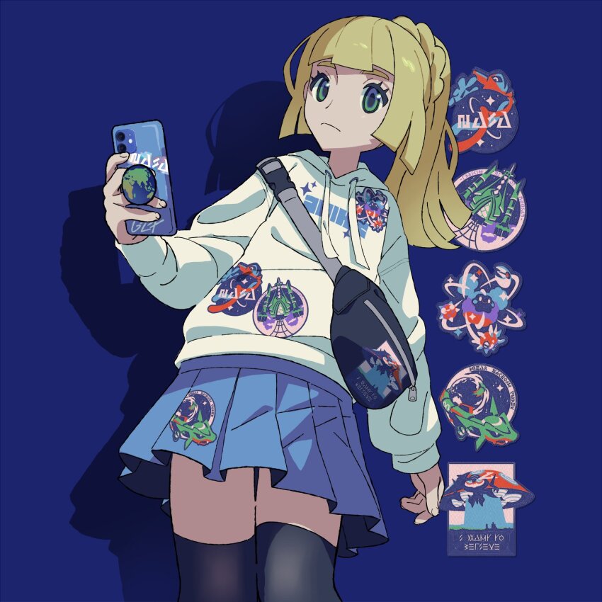 1girl alternate_costume bag blonde_hair blue_background blue_skirt blunt_bangs celesteela closed_mouth cosmog deoxys dynamax gen_3_pokemon gen_7_pokemon gen_8_pokemon gigantamax gigantamax_orbeetle green_eyes highres holding holding_phone legendary_pokemon light_frown lillie_(pokemon) logo long_hair mythical_pokemon nasa_logo nintendo orbeetle phone pinkgermy pleated_skirt pokemon pokemon_sm ponytail rayquaza shadow shoulder_bag skirt sticker sweater thighhighs ultra_beast white_sweater