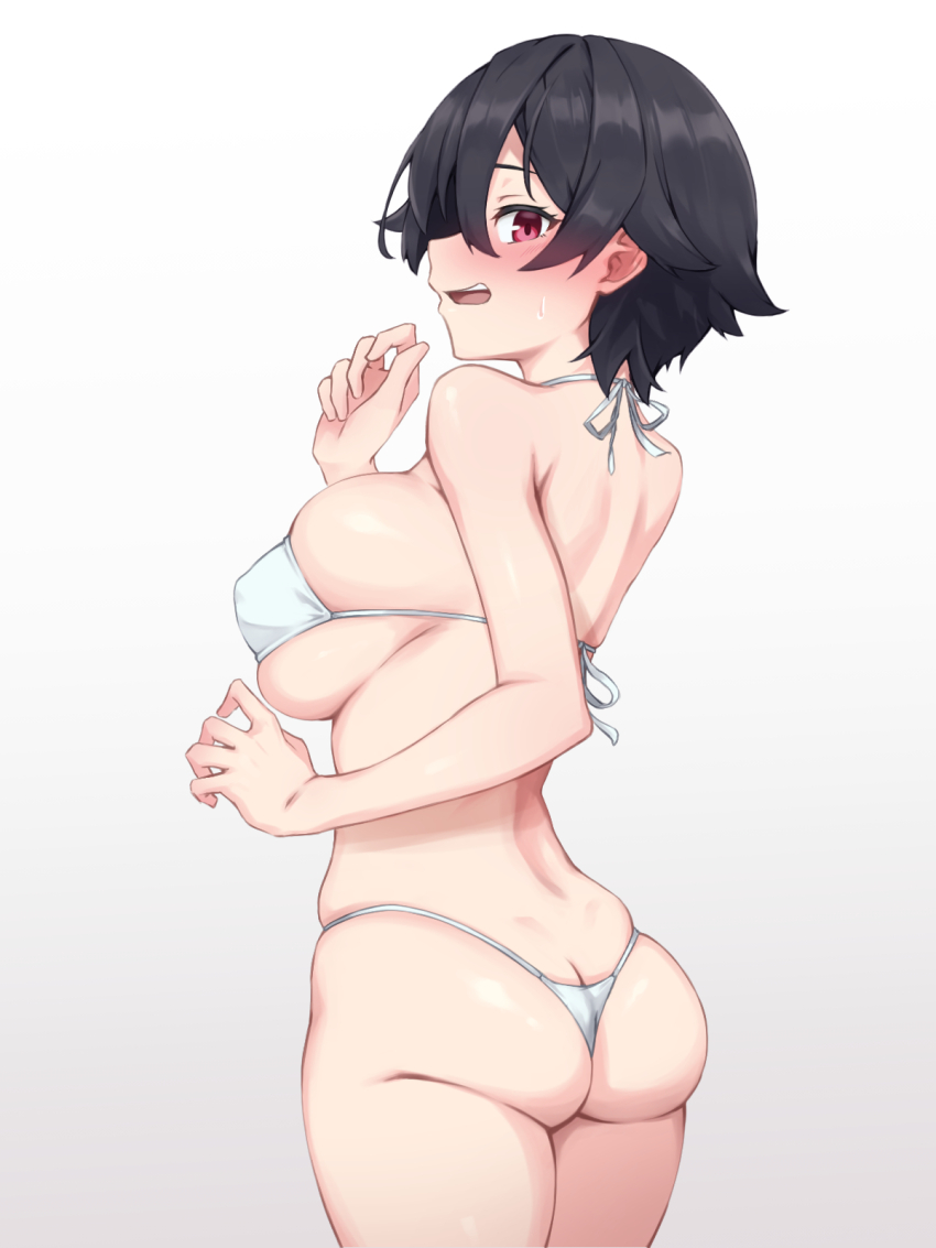 1girl ass back bare_arms bikini black_hair blush breasts bursting_breasts butt_crack covered_erect_nipples cowboy_shot embarrassed flipped_hair from_behind from_side gradient_background hand_up highres large_breasts looking_at_viewer megido72 micro_bikini open_mouth red_eyes short_hair sideboob sideways_glance skindentation solo standing string_bikini sweatdrop swimsuit white_bikini yotubeya zagan_(megido72)