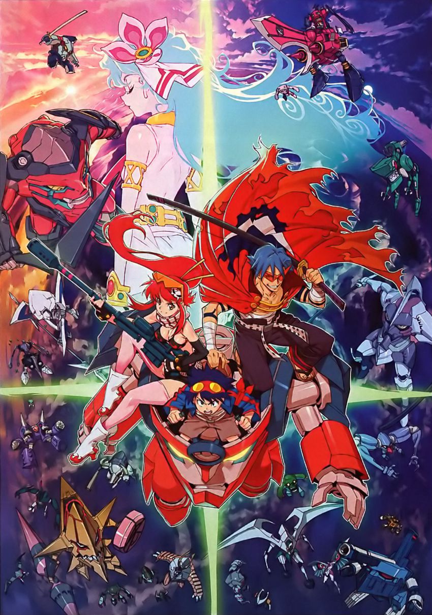 00s 2boys 2girls ainzer armlet bandages belt bikini bikini_top_only blue_hair boots bracelet byakou cape dai-gurren dayakkaiser enki_(gurren_lagann) epic closed_eyes from_above gember goggles goggles_on_head grin gun gurren hair_ornament highres jacket jewelry jpeg_artifacts kamina_(ttgl) kidd_knuckle king_kittan lagann long_hair mecha moshogun multiple_boys multiple_girls necklace nia_teppelin official_art open_mouth ponytail red_hair robot sayrune scarf short_hair shorts shuzack simon_(ttgl) skirt smile sozoshin swimsuit sword tengen_toppa_gurren_lagann thighhighs twin_boukun visor weapon yellow_eyes yoko_littner yoshinari_you