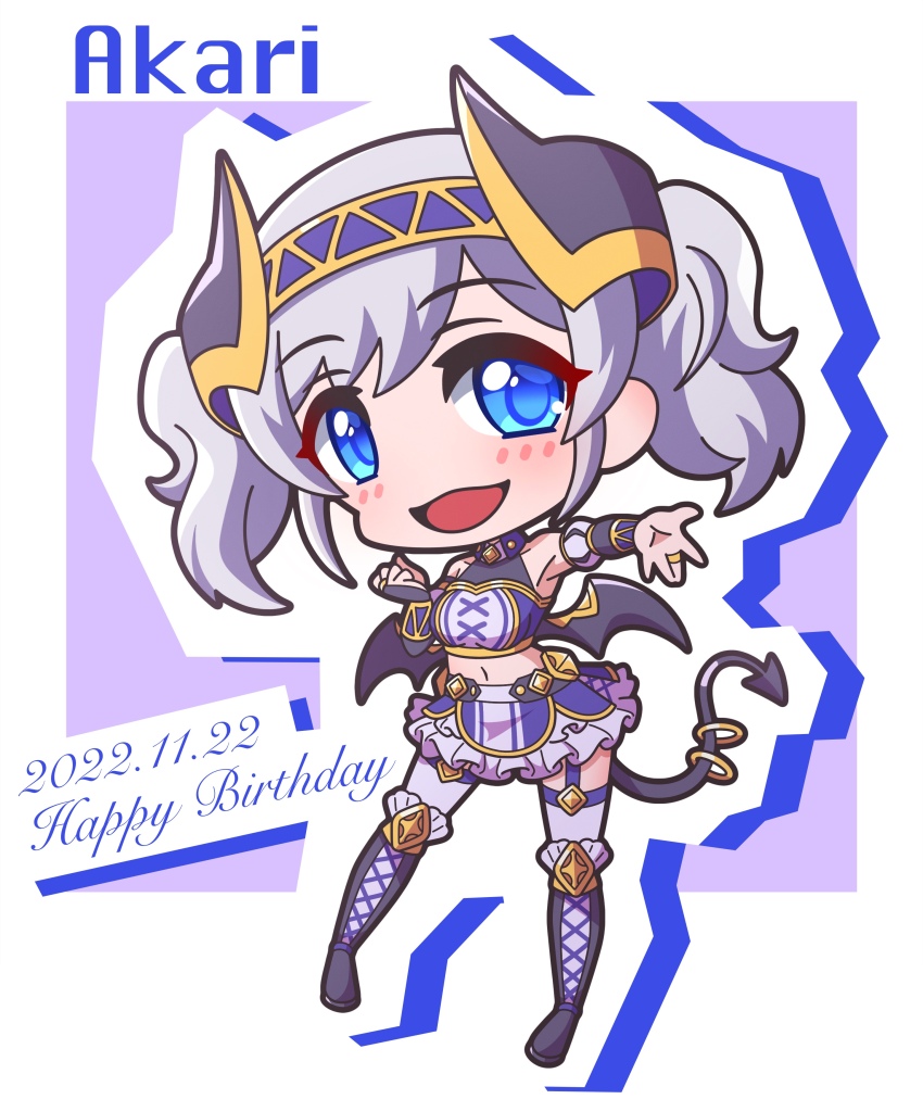 1girl :d absurdres akari_(princess_connect!) bare_shoulders black_wings blue_eyes blush boots breasts bridal_gauntlets character_name chibi commentary_request crop_top dated demon_girl demon_horns demon_tail demon_wings frilled_footwear frilled_skirt frills full_body grey_hair happy_birthday highres horns knee_boots lace-up_boots looking_at_viewer medium_breasts midriff navel open_mouth outline outstretched_arm princess_connect! purple_background purple_skirt purple_thighhighs saishosaisekojo skirt smile solo tail thighhighs thighhighs_under_boots twintails white_outline wings