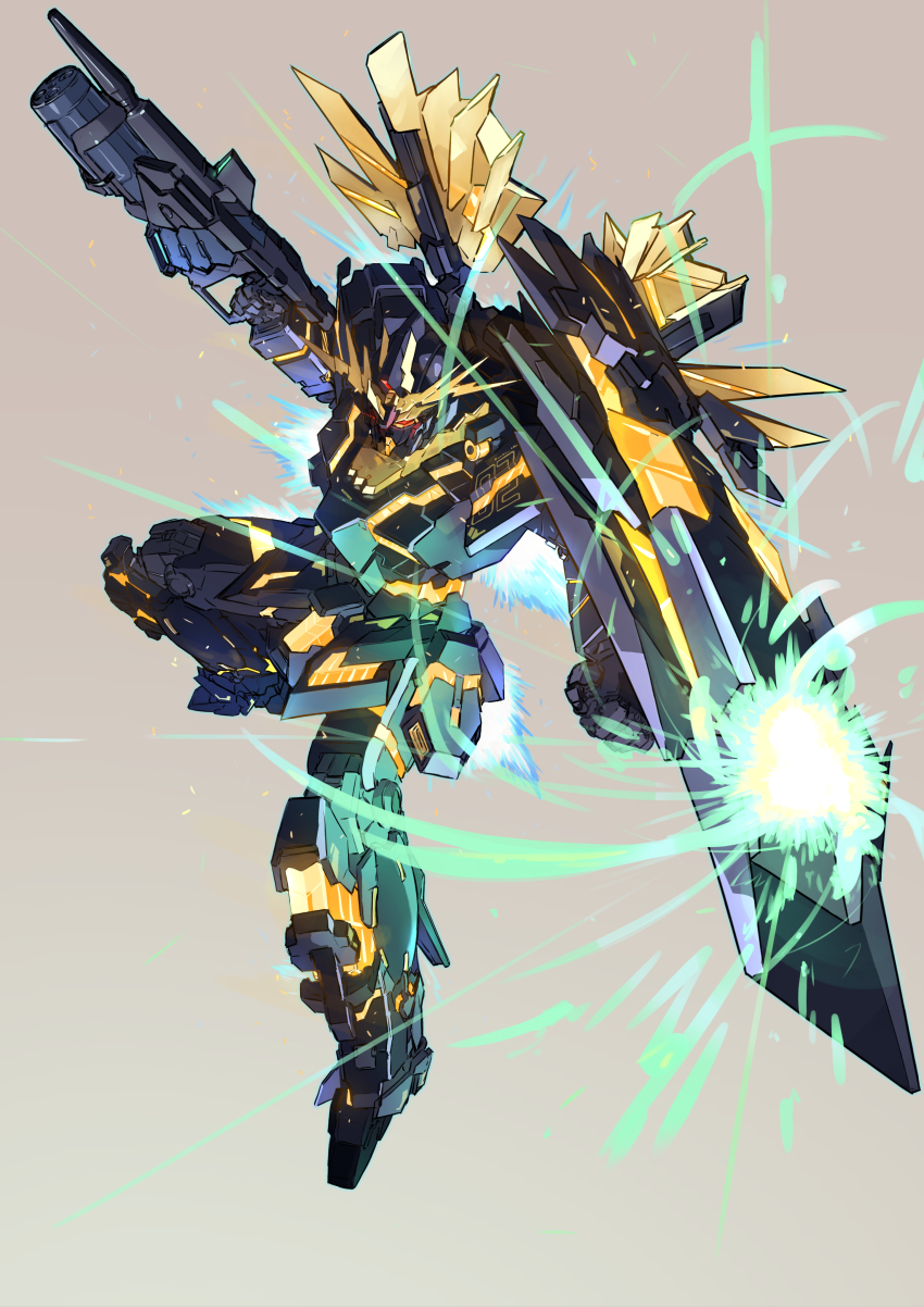 absurdres bad_id bad_pixiv_id beam_rifle clenched_hand energy energy_gun glowing gundam gundam_unicorn highres mecha no_humans nt-d red_eyes robot sa/tsu/ki shield solo unicorn_gundam_banshee weapon