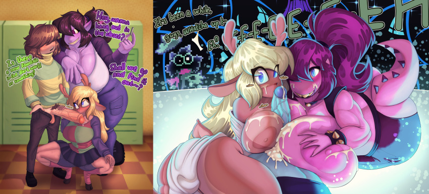 1boy 2022 2girls 2koma :d absurdres after_ejaculation antlers ass black_fur blonde_hair blue_eyes blue_skin bracelet breasts breasts_out caught cleavage colored_skin comic cooperative_handjob cooperative_paizuri cum cum_in_mouth cum_on_body cum_on_breasts cum_on_self cum_on_upper_body curvy dark_nipples darky deltarune dialogue_box double_paizuri english_text facial fellatio furry furry_female furry_with_non-furry group_sex hair_between_eyes hair_over_eyes handjob heart heart-shaped_pupils highres hooves horns huge_areolae huge_ass huge_breasts huge_nipples huge_penis indoors interspecies jacket jewelry kissing_penis kris_(deltarune) large_breasts lizard locker locker_room looking_at_viewer multiple_girls muscular muscular_female nipples no_bra no_panties noelle_holiday open_clothes open_jacket open_mouth oral paizuri pants penis pink_skin pov pov_crotch precum ralsei reindeer reptile_girl see-through_clothes shirt skirt smile spiked_bracelet spikes squatting standing susie_(deltarune) symbol-shaped_pupils teamwork_(sexual) testicles thick_thighs thighs uncensored undertale veins veiny_penis video_game wide_hips
