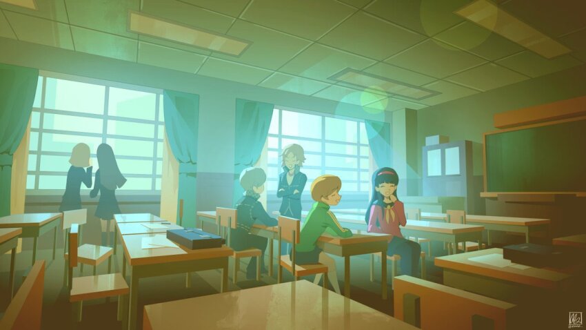 2boys 4girls alina_l amagi_yukiko black_hair brown_hair chair classroom closed_eyes commentary english_commentary grey_hair grin hairband hanamura_yousuke long_hair multiple_boys multiple_girls narukami_yu persona persona_4 red_hairband satonaka_chie sitting smile suitcase table teeth