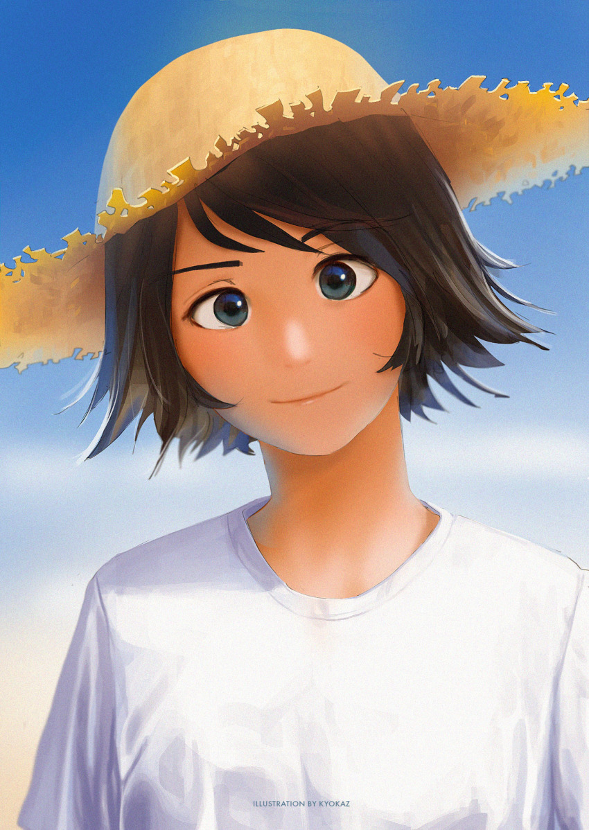 1girl blue_eyes blue_sky brown_hair closed_mouth commentary day faiz_azhar hat highres looking_at_viewer original outdoors riva_isamu shirt short_hair sky smile solo straw_hat upper_body white_shirt