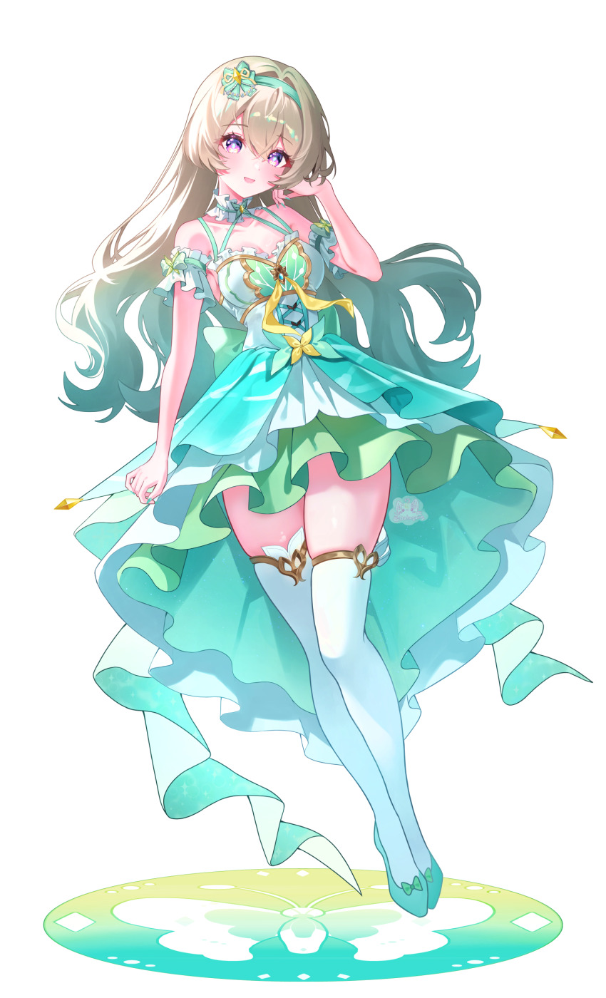 1girl :d absurdres alternate_costume aqua_armband aqua_dress aqua_hair aqua_headband aqua_nails aqua_shoes armband bare_shoulders blush breasts cleavage collar commentary_request dalmyang detached_collar dress fingernails firefly_(honkai:_star_rail) frilled_armband frilled_collar frills full_body grey_hair hand_in_own_hair hand_up highres honkai:_star_rail honkai_(series) idol_clothes long_fingernails long_hair looking_at_viewer medium_breasts multicolored_eyes multicolored_hair nail_polish open_mouth purple_eyes shoes simple_background sleeveless sleeveless_dress smile solo thighhighs thighs two-tone_eyes very_long_hair white_background white_thighhighs yellow_eyes